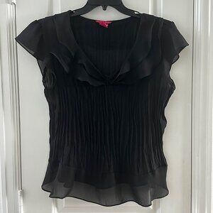 Sunny Leigh Black Ruffle & Pleat Womens Blouse XL 100% Polyester Sheer Cap Sleev